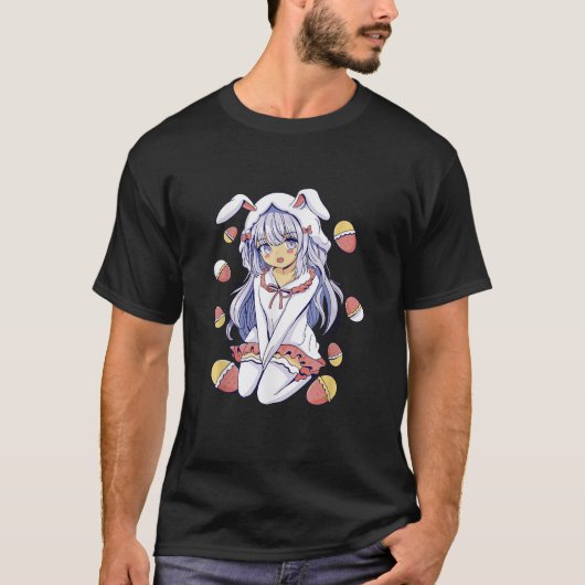 Anime Girl Easter Bunny and Eggs Holiday Graphic P T-shirt (Voorkant)