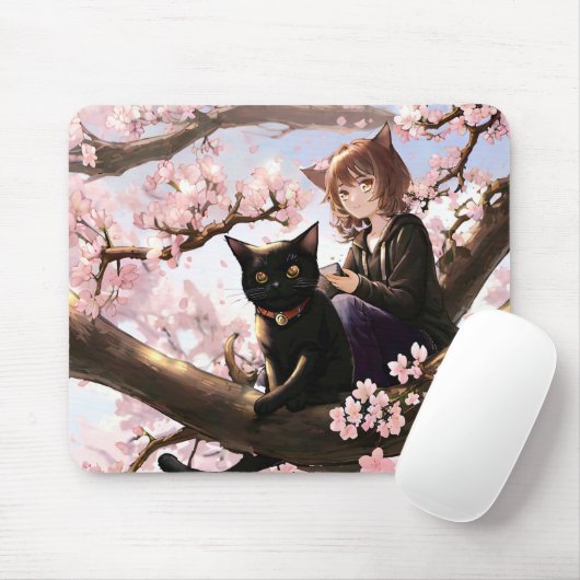Anime Girl en Cat op een Cherry Blossom Tree Muismat (Met muis)