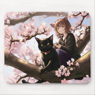 Anime Girl en Cat op een Cherry Blossom Tree Muismat