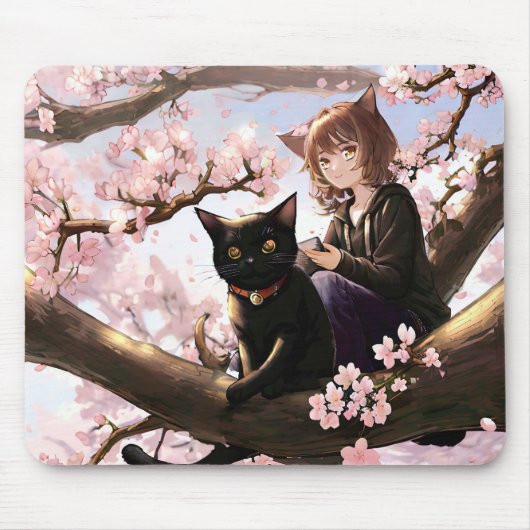 Anime Girl en Cat op een Cherry Blossom Tree Muismat (Voorkant)