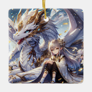 Anime Girl en de witte en gouden draak Keramisch Ornament
