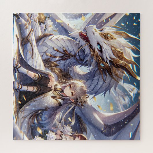Anime Girl en de witte en gouden draak Legpuzzel (Horizontaal)