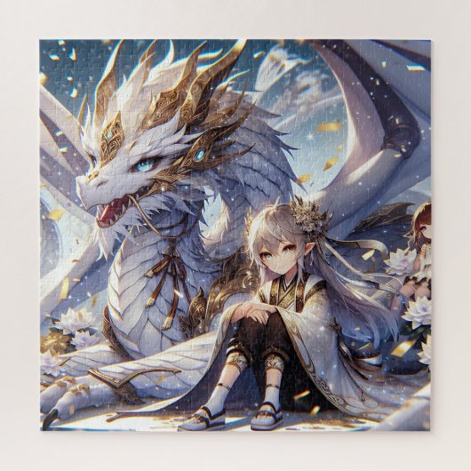 Anime Girl en de witte en gouden draak Legpuzzel (Verticaal)