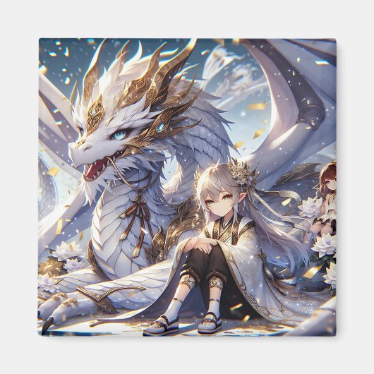 Anime Girl en de witte en gouden draak Magneet (Voorkant)