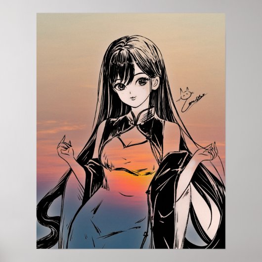 Anime Girl en Sunset Kostuum Illustratie Poster (Voorkant)