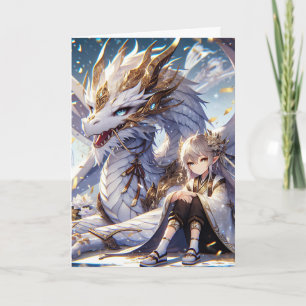 Anime Girl en White and Gold Dragon Verjaardag Kaart