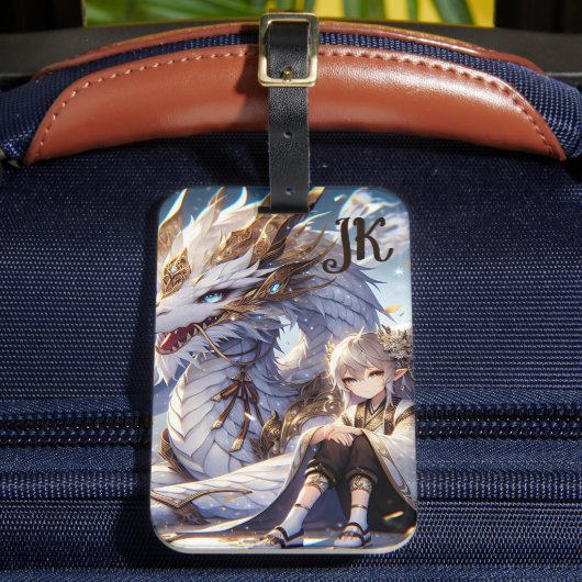 Anime Girl en witte en gouden draak Monogrammed Bagagelabel (Voorkant Insitu 2)
