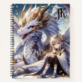 Anime Girl en witte en gouden draak Monogrammed Notitieboek (Voorkant)