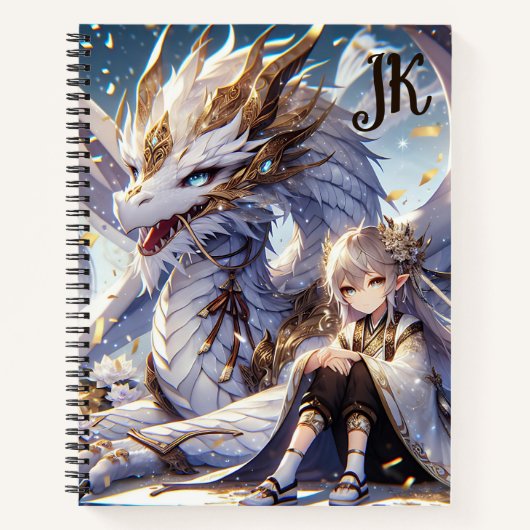 Anime Girl en witte en gouden draak Monogrammed Notitieboek (Voorkant)
