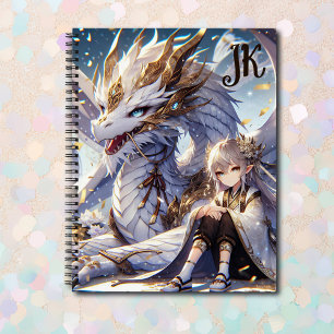 Anime Girl en witte en gouden draak Monogrammed Notitieboek