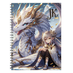 Anime Girl en witte en gouden draak Monogrammed Notitieboek