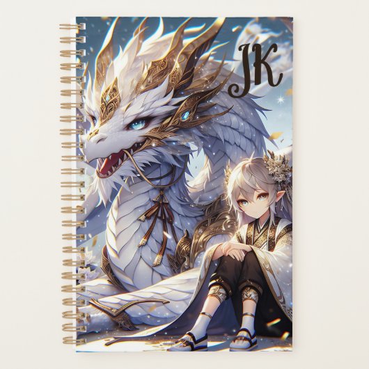 Anime Girl en witte en gouden draak Monogrammed Planner (Voorkant)