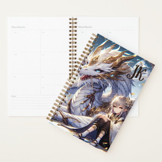 Anime Girl en witte en gouden draak Monogrammed Planner (Display)