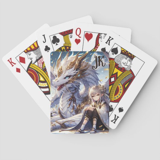 Anime Girl en witte en gouden draak Monogrammed Pokerkaarten (Achterkant)