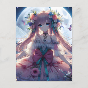 Anime Girl Flower Moon Fairy Briefkaart