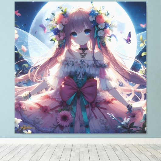 Anime Girl Flower Moon Fairy Canvas Afdruk (Insitu (Houten vloer))