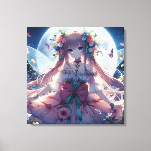 Anime Girl Flower Moon Fairy Canvas Afdruk (Voorkant)