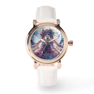 Anime Girl Flower Moon Fairy Horloge