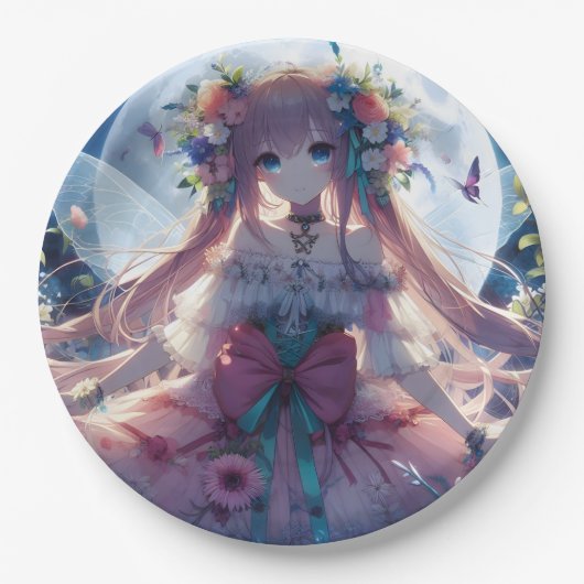 Anime Girl Flower Moon Fairy Papieren Bordje (Voorkant)