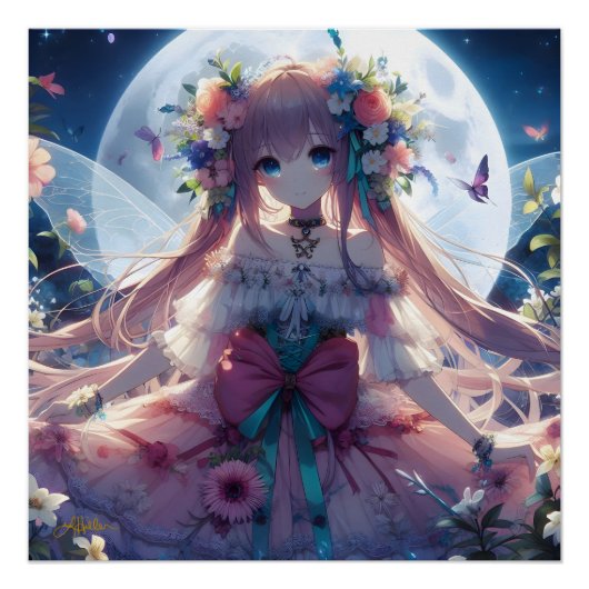Anime Girl Flower Moon Fairy Perfect Poster (Voorkant)