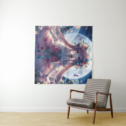 Anime Girl Flower Moon Fairy Wandkleed (In Situ (horizontaal))