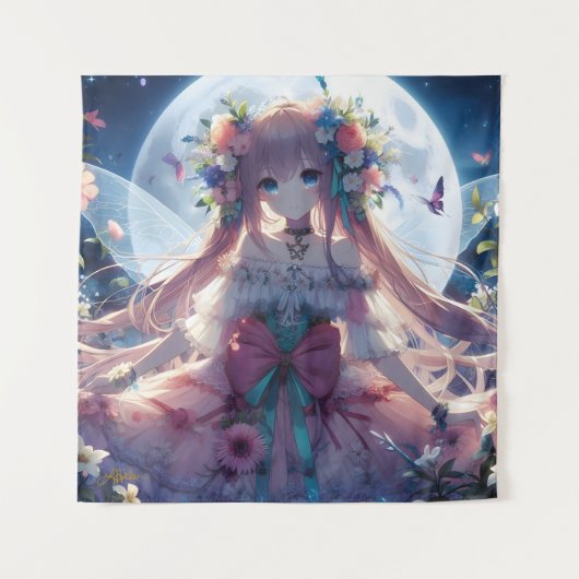 Anime Girl Flower Moon Fairy Wandkleed (Voorkant)
