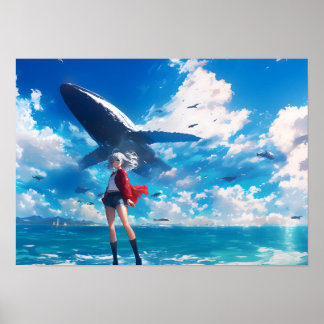 Anime Girl Flying Whale Blue Sea Horizontal Poster