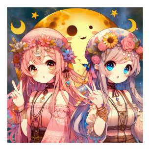 Anime Girl Hippie Moon Girls Geven Vredesteken Foto Afdruk