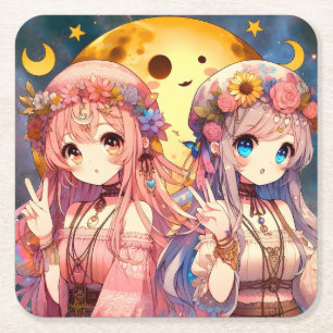 Anime Girl Hippie Moon Girls Geven Vredesteken Kartonnen Onderzetters