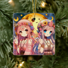 Anime Girl Hippie Moon Girls Geven Vredesteken Keramisch Ornament