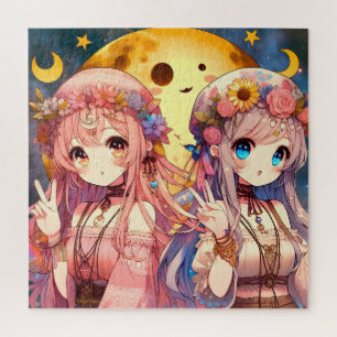 Anime Girl Hippie Moon Girls Geven Vredesteken Legpuzzel
