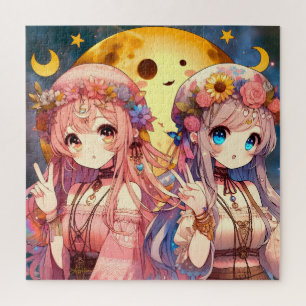 Anime Girl Hippie Moon Girls Geven Vredesteken Legpuzzel