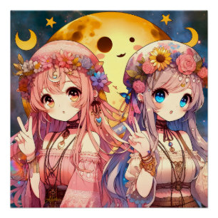 Anime Girl Hippie Moon Girls Geven Vredesteken Perfect Poster