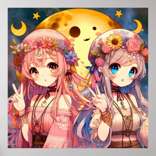 Anime Girl Hippie Moon Girls Geven Vredesteken Poster (Voorkant)