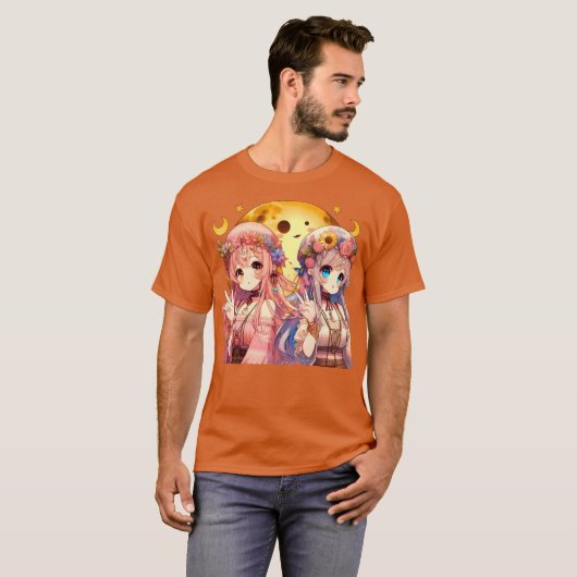 Anime Girl Hippie Moon Girls Geven Vredesteken T-shirt (Voorkant volledig)