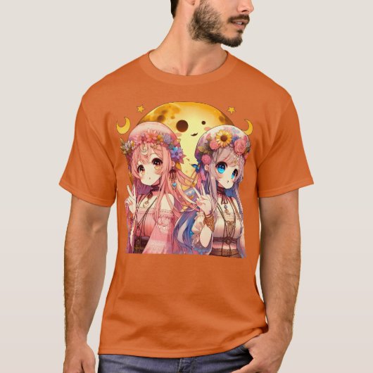 Anime Girl Hippie Moon Girls Geven Vredesteken T-shirt (Voorkant)