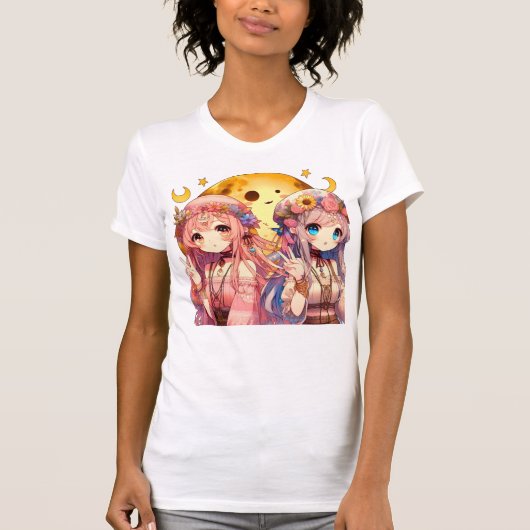 Anime Girl Hippie Moon Girls Geven Vredesteken T-shirt (Voorkant)