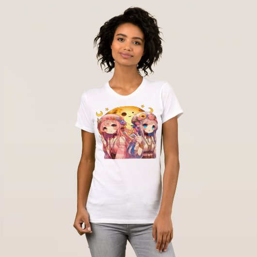 Anime Girl Hippie Moon Girls Geven Vredesteken T-shirt (Voorkant volledig)