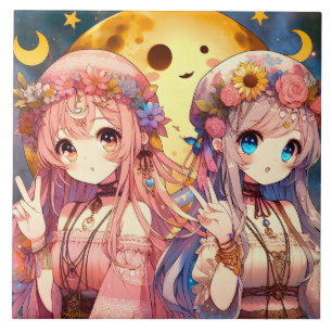 Anime Girl Hippie Moon Girls Geven Vredesteken Tegeltje