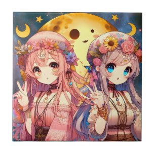 Anime Girl Hippie Moon Girls Geven Vredesteken Tegeltje