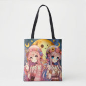 Anime Girl Hippie Moon Girls Geven Vredesteken Tote Bag (Voorkant)