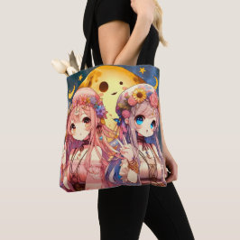 Anime Girl Hippie Moon Girls Geven Vredesteken Tote Bag