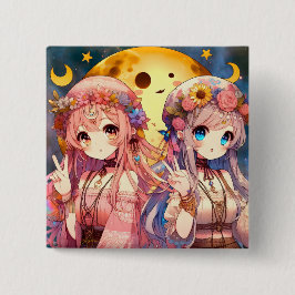 Anime Girl Hippie Moon Girls Geven Vredesteken Vierkante Button 5,1 Cm