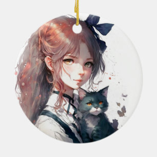 Anime Girl houdt haar portret met Waterverf van ha Keramisch Ornament