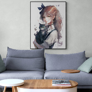 Anime Girl houdt haar portret met Waterverf van ha Poster