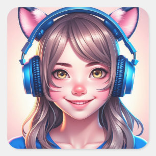 Anime Girl in Gaming of Muziek Hoofdtelefoon Vierkante Sticker