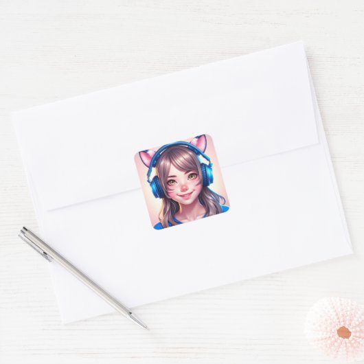 Anime Girl in Gaming of Muziek Hoofdtelefoon Vierkante Sticker (Envelop)