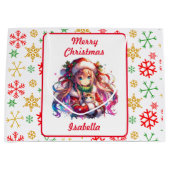 Anime Girl in Santa Hat Waterverf Kerst Groot Cadeauzakje (Voorkant)