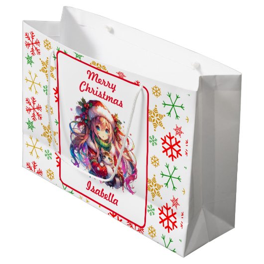 Anime Girl in Santa Hat Waterverf Kerst Groot Cadeauzakje (Voorkant Gekanteld)