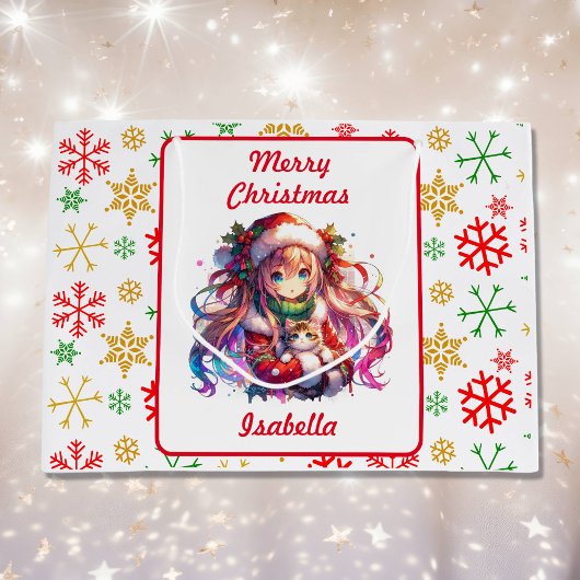Anime Girl in Santa Hat Waterverf Kerst Groot Cadeauzakje